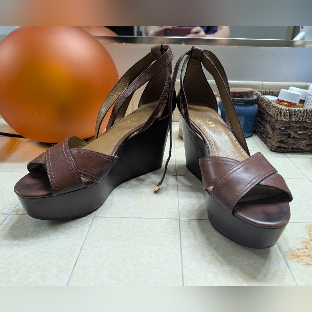 Coach Brown Leather Wedge Sandals